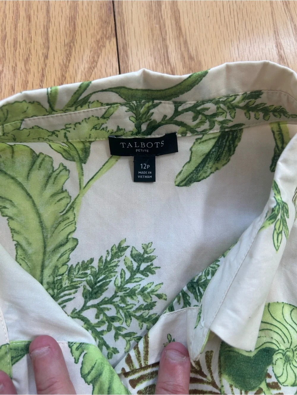Talbots Modern Poplin Smocked Midi Shirt Dress 12P Branching Floral Green Cotton
